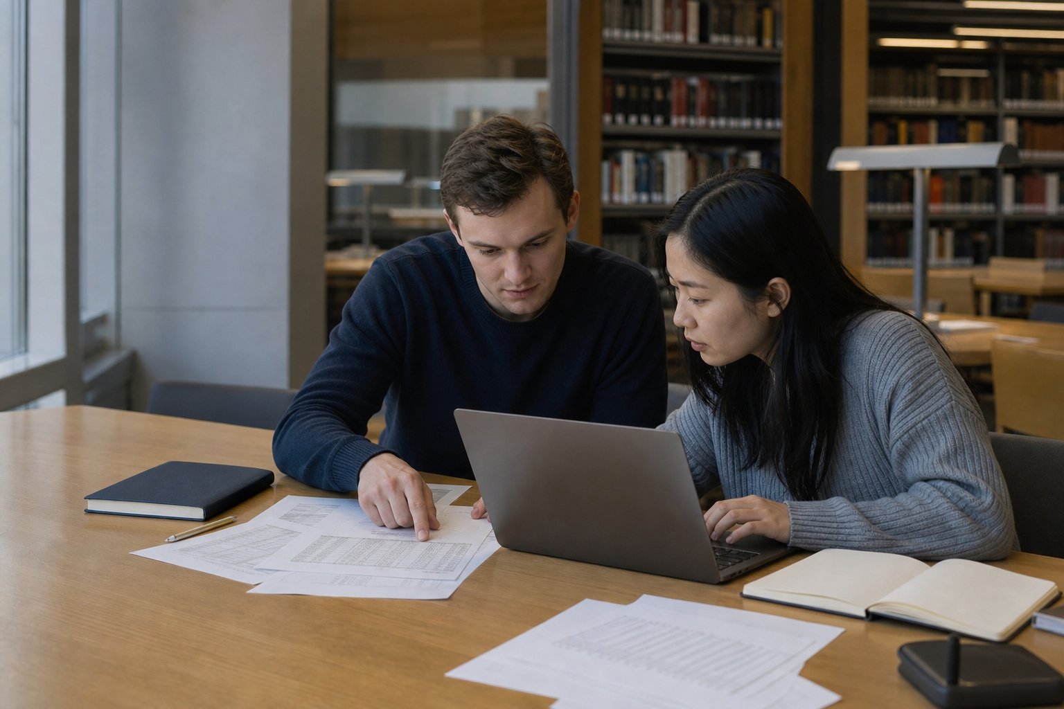 Two doctoral students working together at a library table