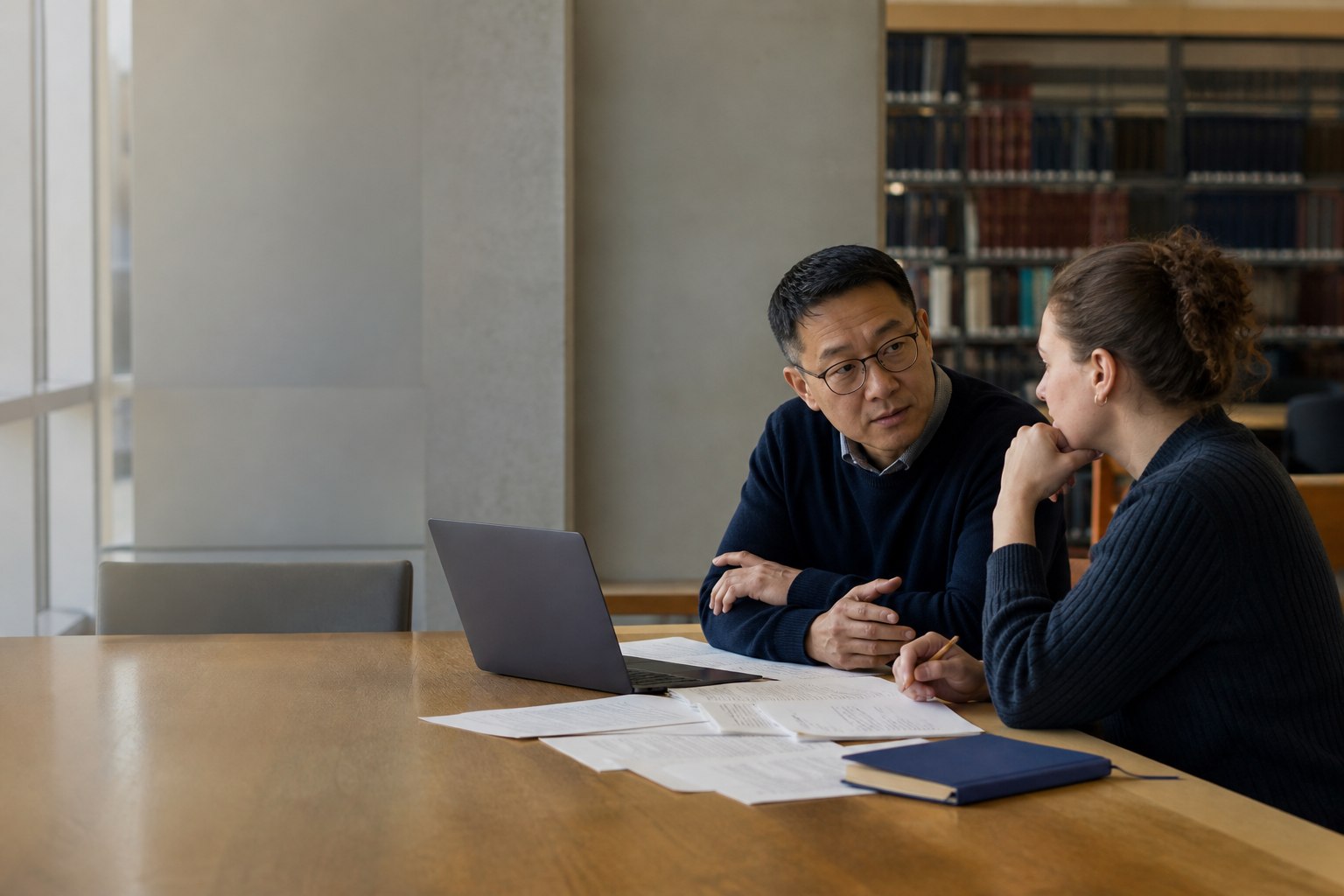 A graduate student discussing research with a faculty mentor in a library