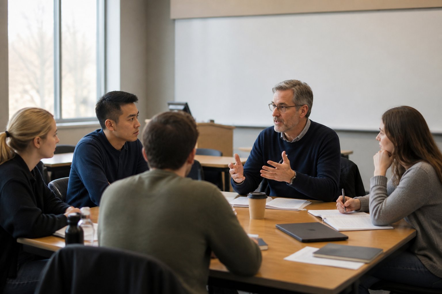 A professor guiding a small classroom discussion