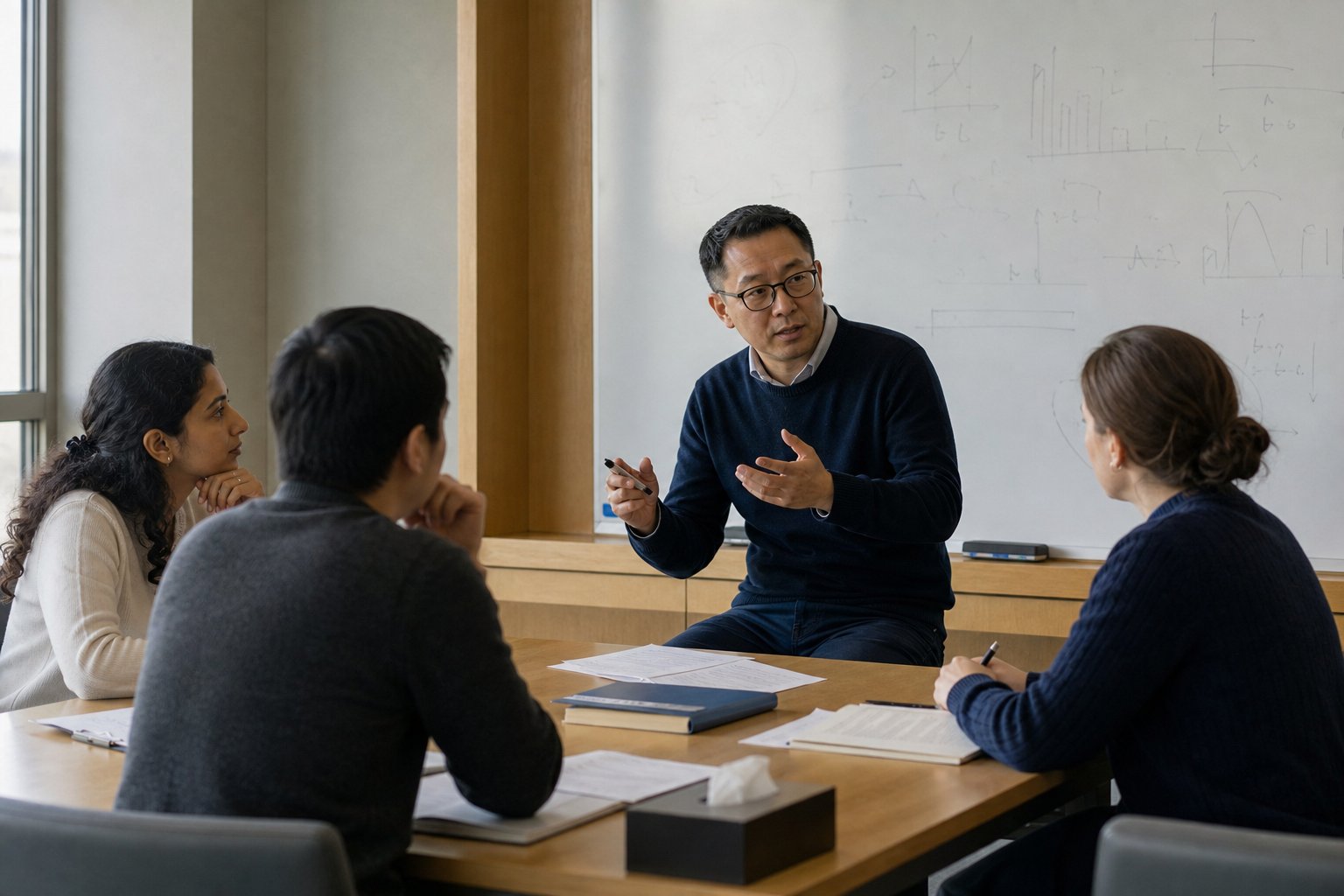 Researchers discussing evidence in a seminar